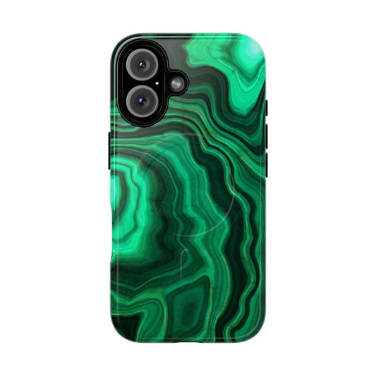 Close-up of a phone case with a malachite green and gold marble pattern.