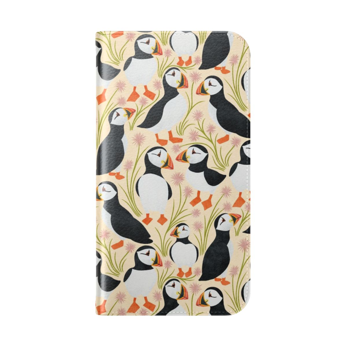 Vibrant floral phone case featuring puffins, coastal scenery, and nature imagery - Folded Back