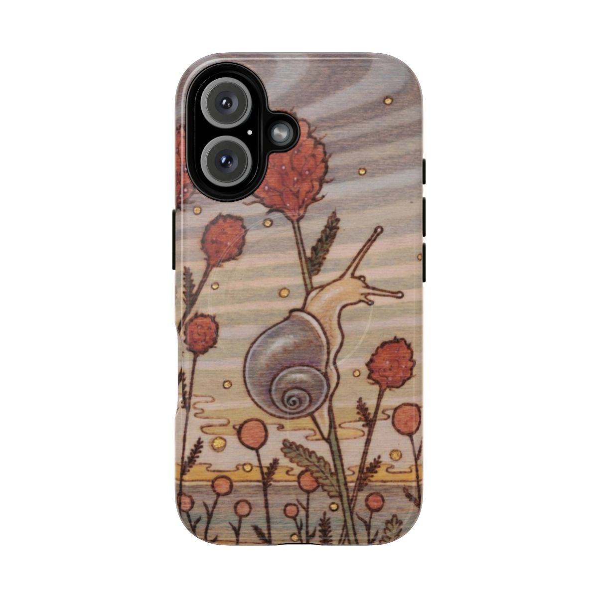 Artistic phone case featuring a snail surrounded by nature and flowers