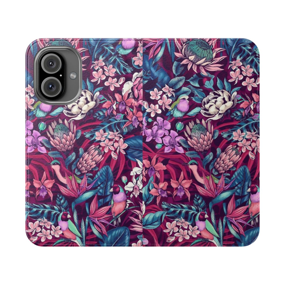 Colorful tropical bird and floral print phone case with flip stand cover