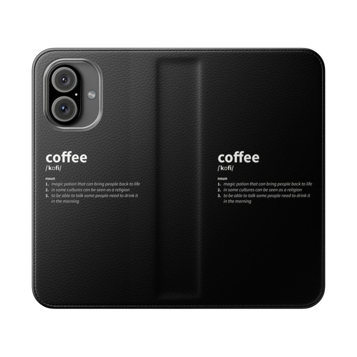 A flip phone case featuring a sarcastic, ironic "coffee definition" design, perfect for coffee lovers.