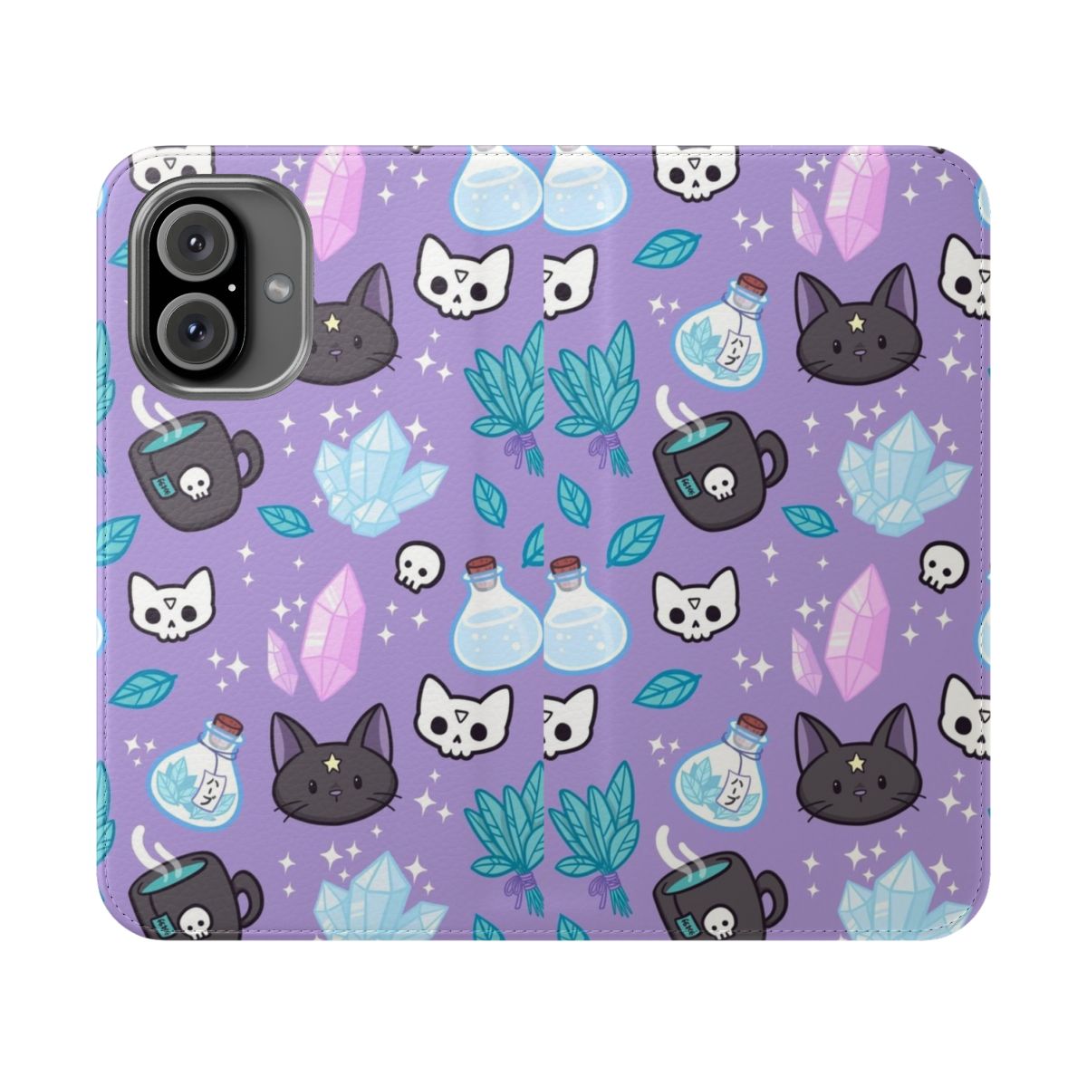 Pastel purple flip cover phone case with occult and wicca design elements like herbs, crystals, and a cat.