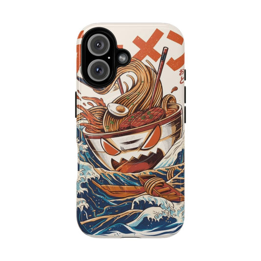 Retro-inspired anime phone case featuring a ramen bowl design with a Japanese sea monster wave in blue and orange colors.