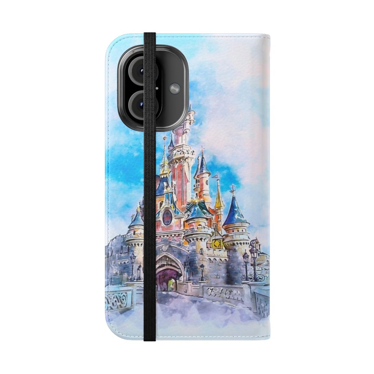 Whimsical castle-themed flip phone case with watercolor design - Folded Front