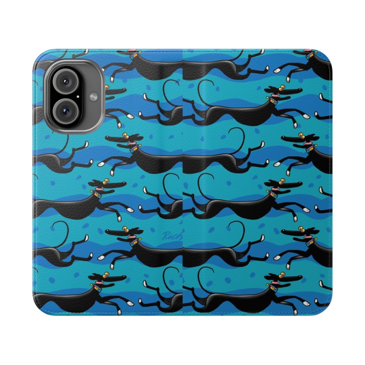 Blue Zoomies pattern phone case featuring cartoon illustrations of greyhounds, whippets, and lurchers