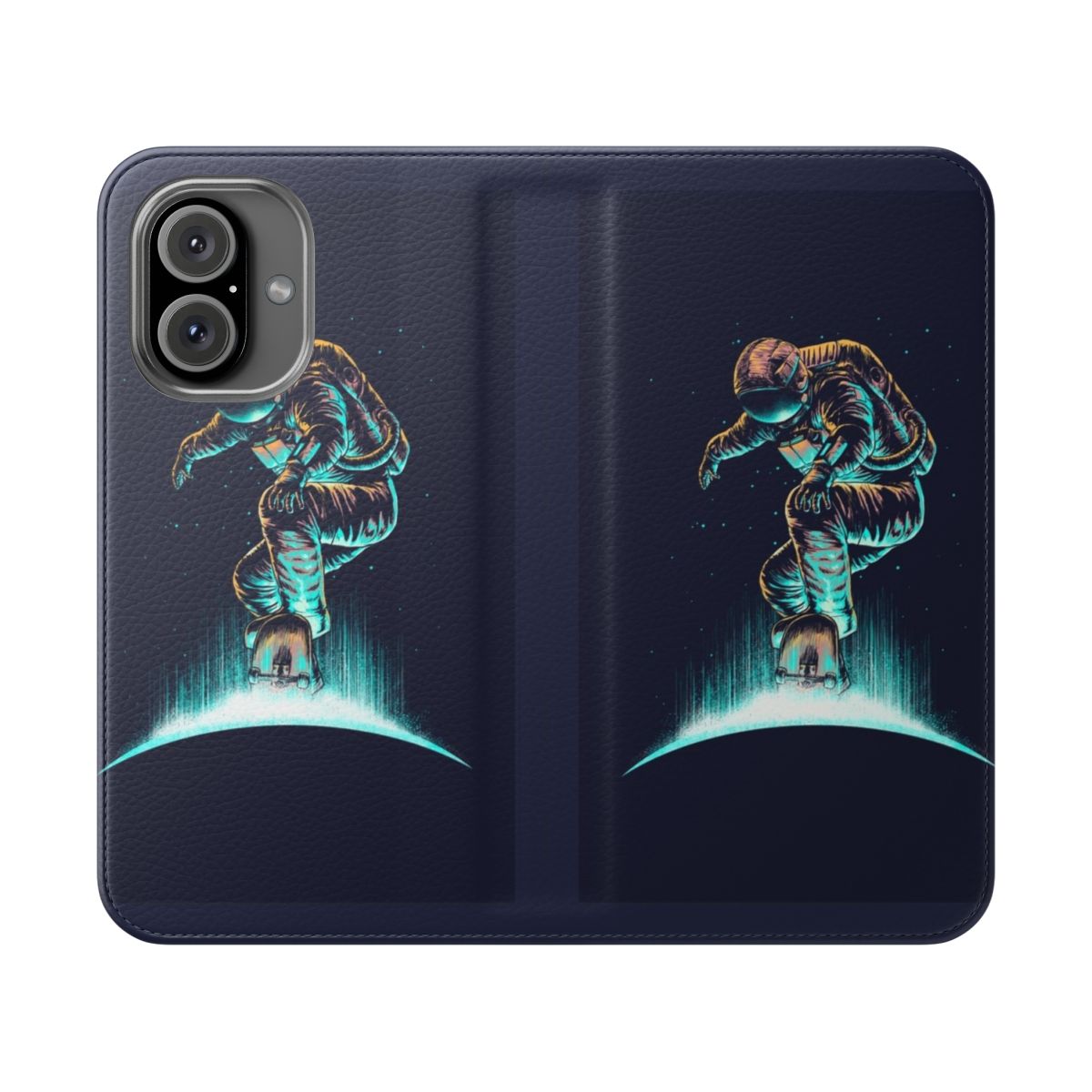 Space-themed phone case with a surreal, abstract design featuring neon lights and an astronaut.