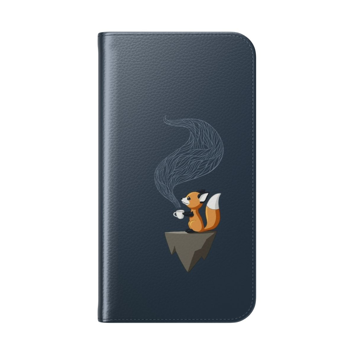 An orange and blue phone case featuring a cute, smiling fox sitting with a cup of tea in a fantastical, anime-inspired design. - Folded Back