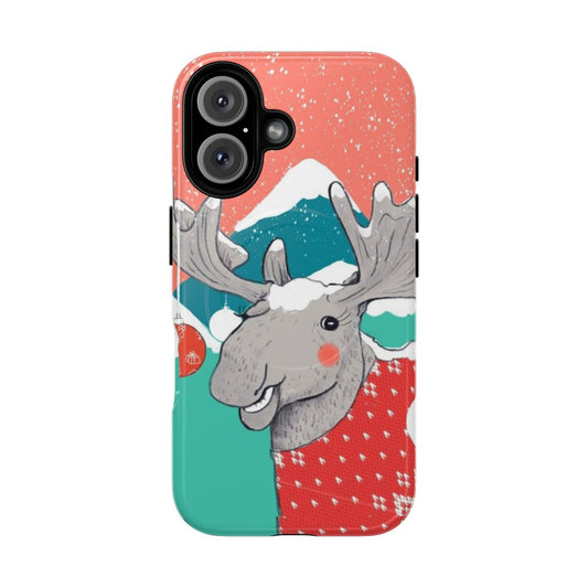 Winter moose phone case with a whimsical, festive design