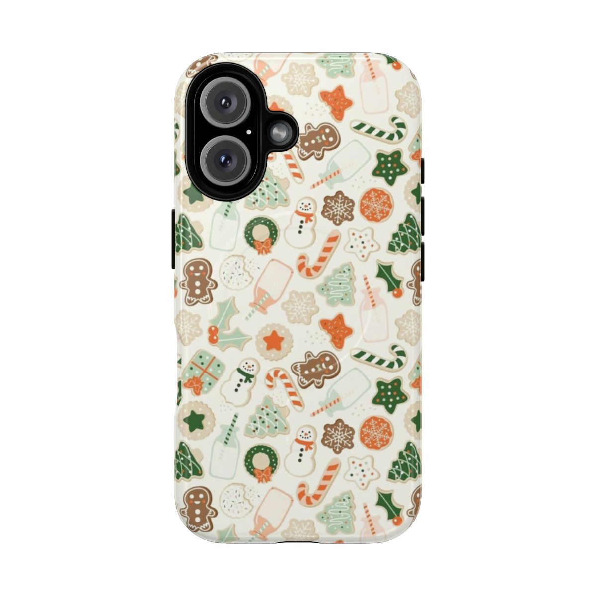 A colorful and whimsical phone case featuring a pattern of Christmas cookies, sprinkles, and holiday elements.