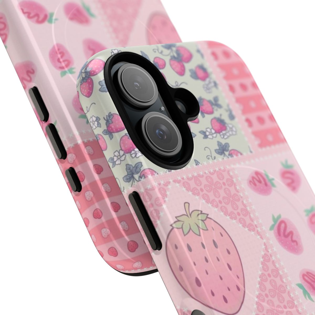 Colorful strawberry patchwork design on a durable phone case - Detail