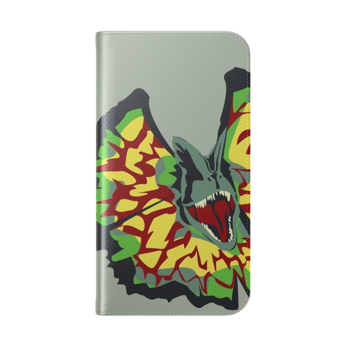 Dilophosaurus-themed phone case with graphic design inspired by the Jurassic Park franchise - Folded Back