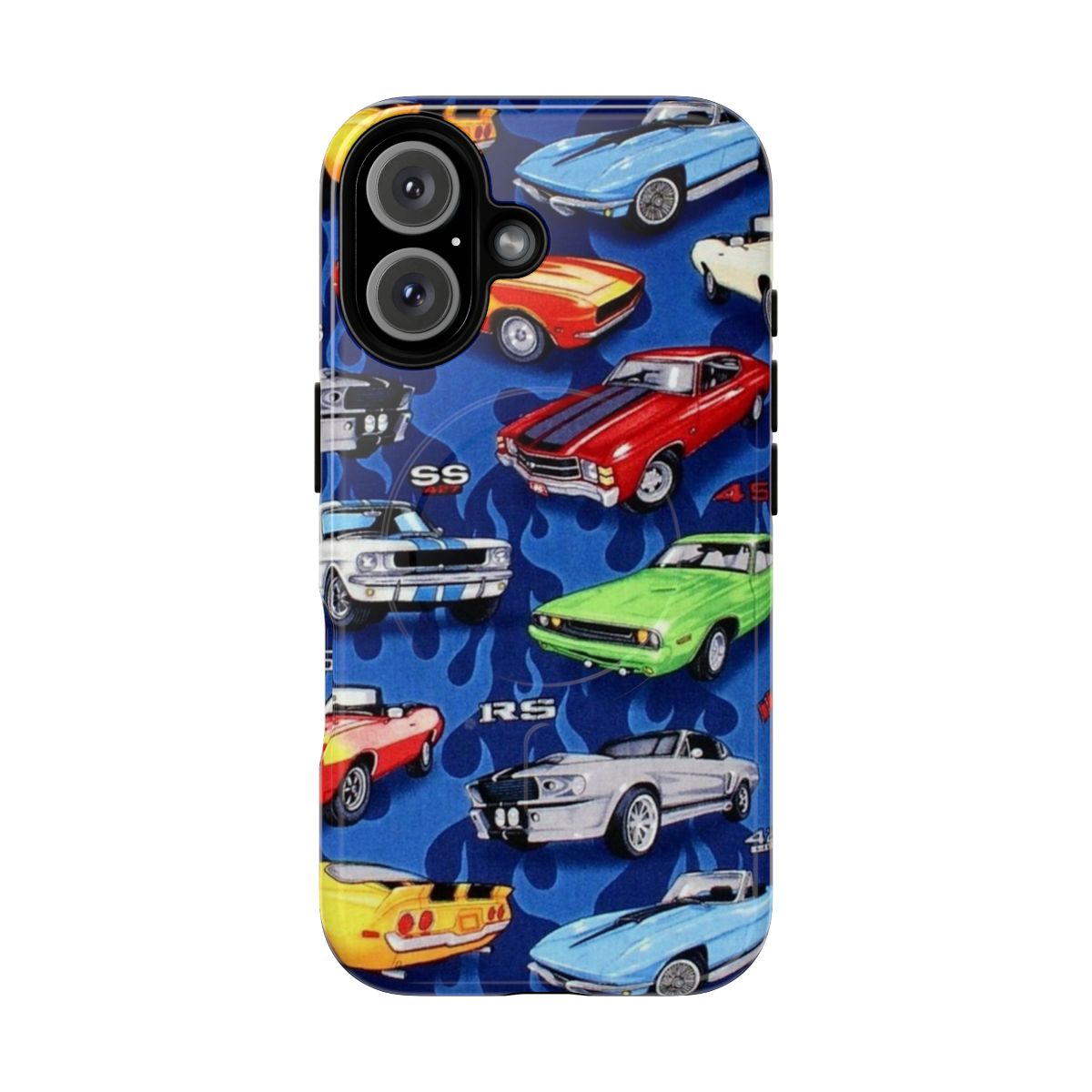 Vibrant muscle car pattern phone case with classic car silhouettes on a blue background