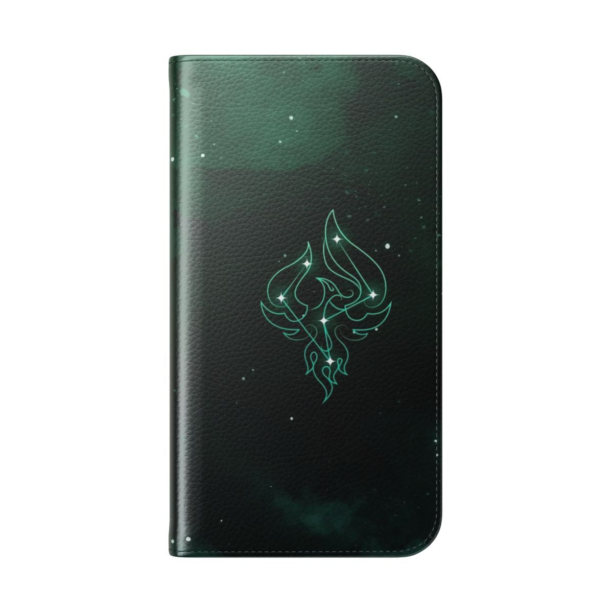 A phone case featuring the character Xiao from the popular game Genshin Impact, with his constellation design. - Folded Back