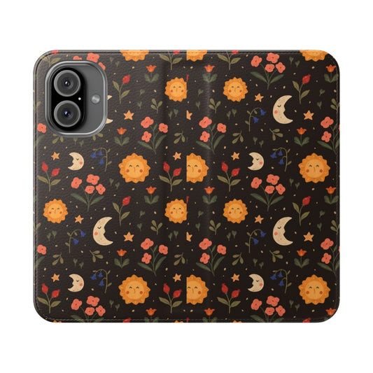 Floral phone case with a soothing pattern of suns, moons, and botanical flowers against a peaceful night sky background.