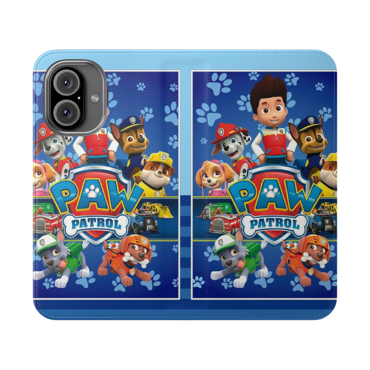 Paw Patrol-themed flip cover phone case in blue