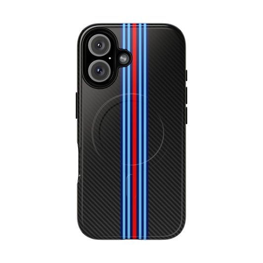 Carbon fiber racing stripes pattern on a tough, magnetic phone case