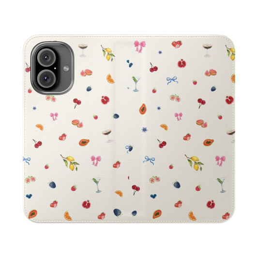 Coquette fruit phone case with a colorful pattern of cherries, cocktails, and bows