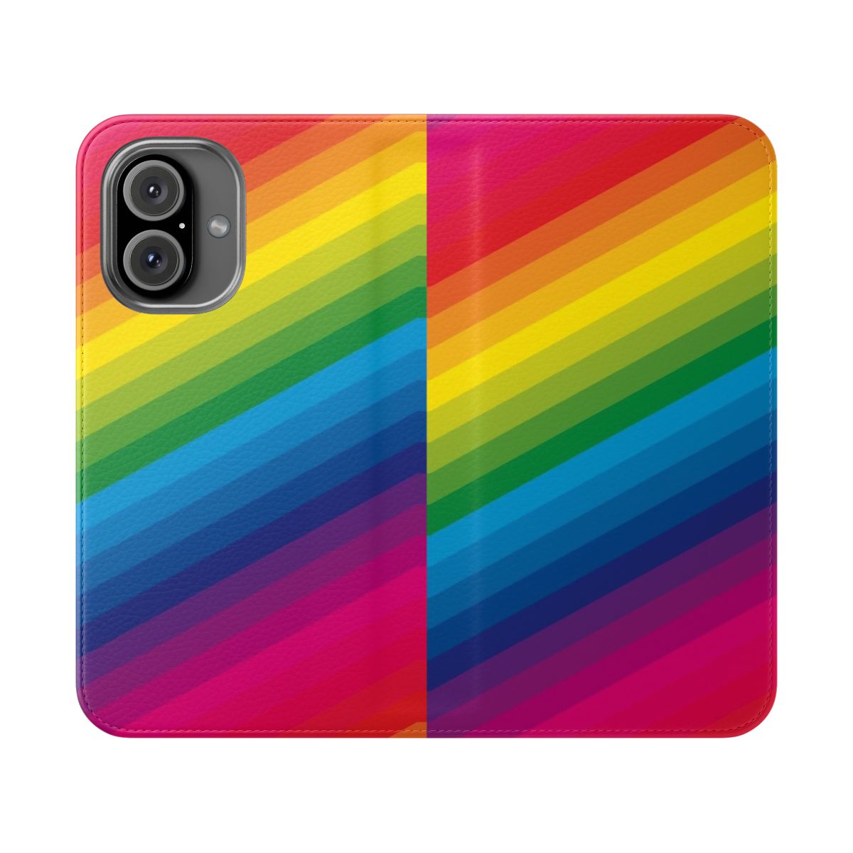 Colorful rainbow-themed phone case with a flip cover design