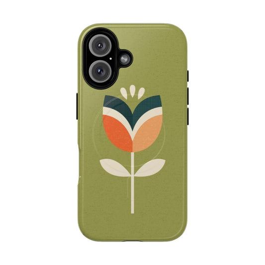 Retro floral tulip phone case in orange and olive green