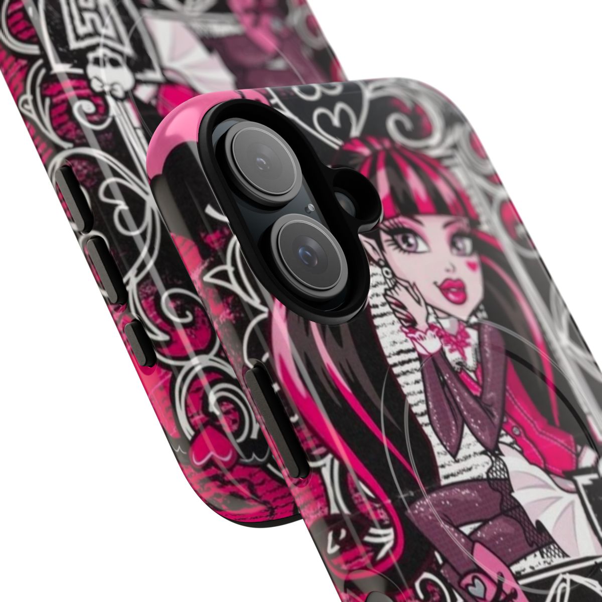 A dark, gothic-inspired phone case featuring Draculaura-style graphics and design. - Detail