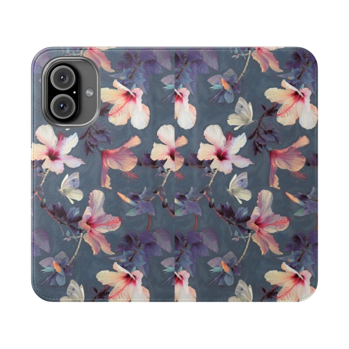 Painted pattern of butterflies and hibiscus flowers on a phone case cover