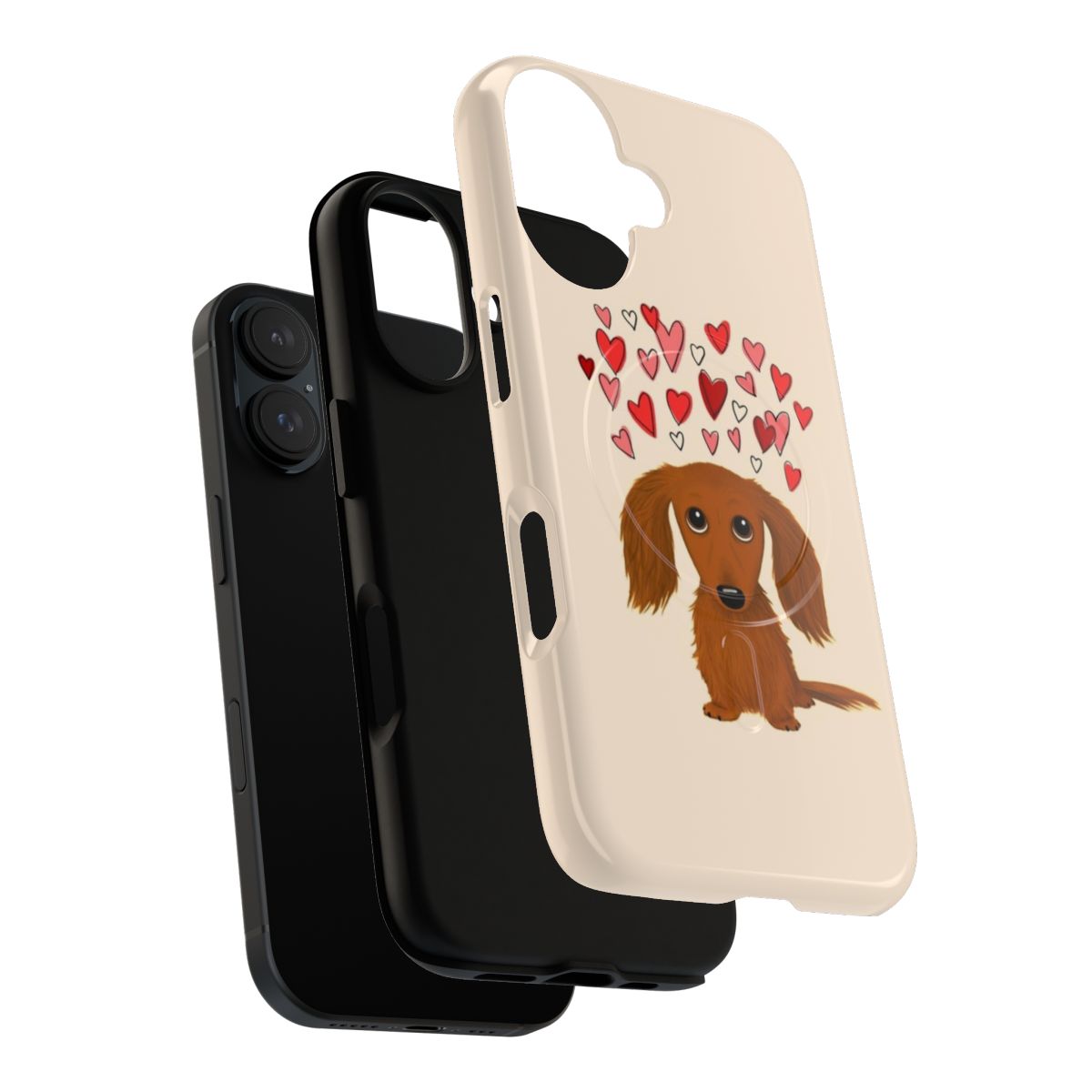 Magnetic phone case with a cute red dachshund cartoon dog design and hearts - Layers