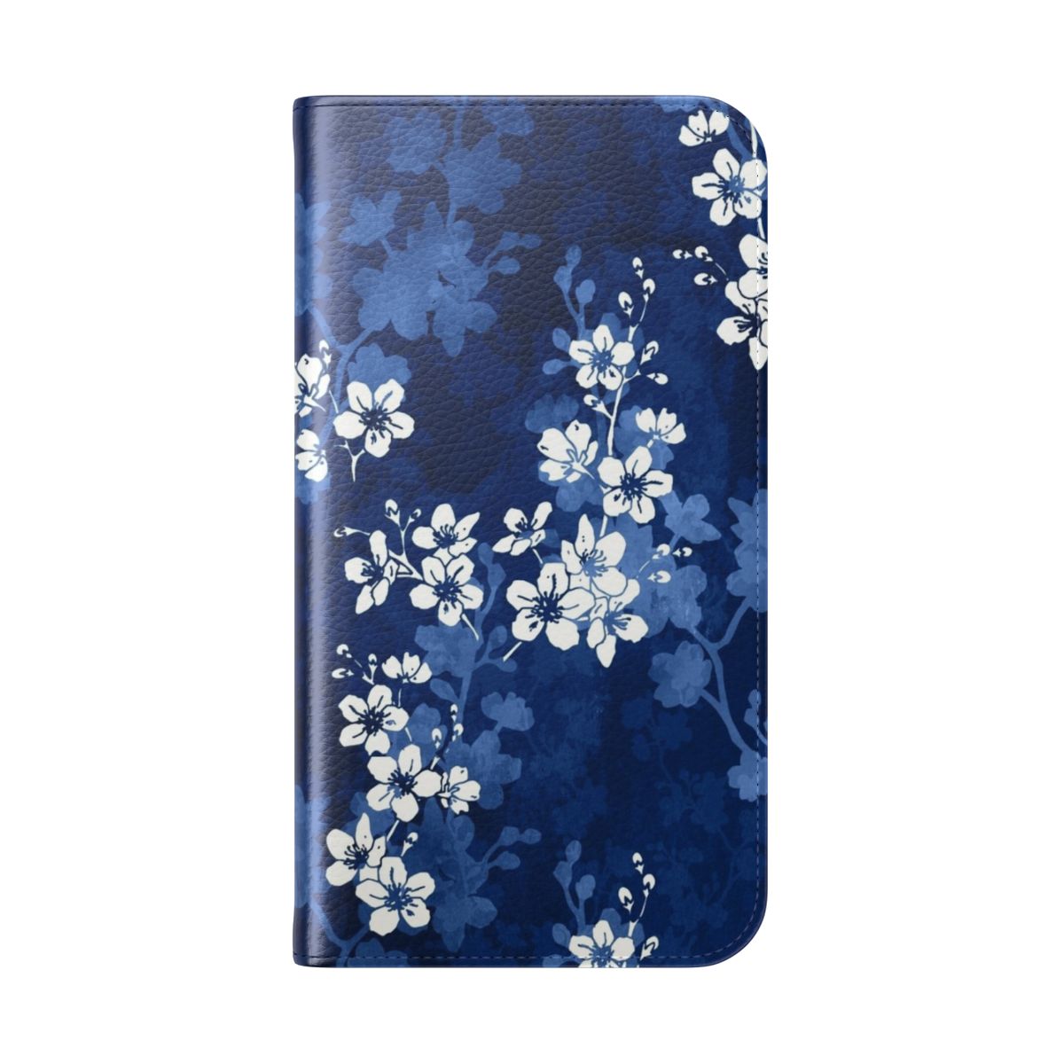 Sakura blossom pattern on a navy blue background with swallowtail butterflies, phone case design - Folded Back