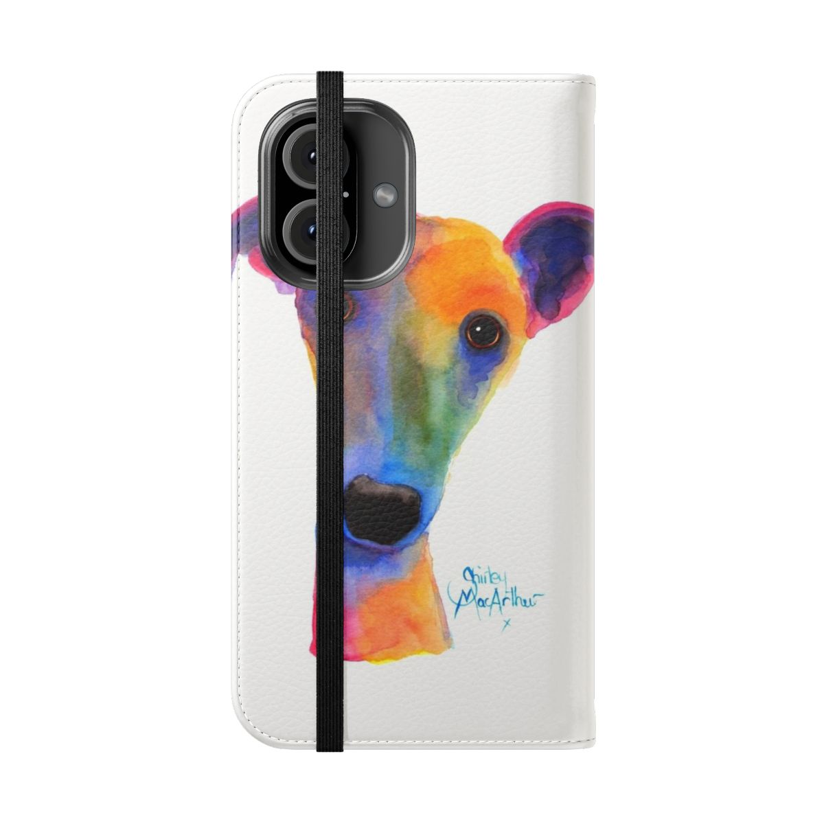 Whippet and greyhound print phone case featuring a watercolor floral 'pansy' design - Folded Front