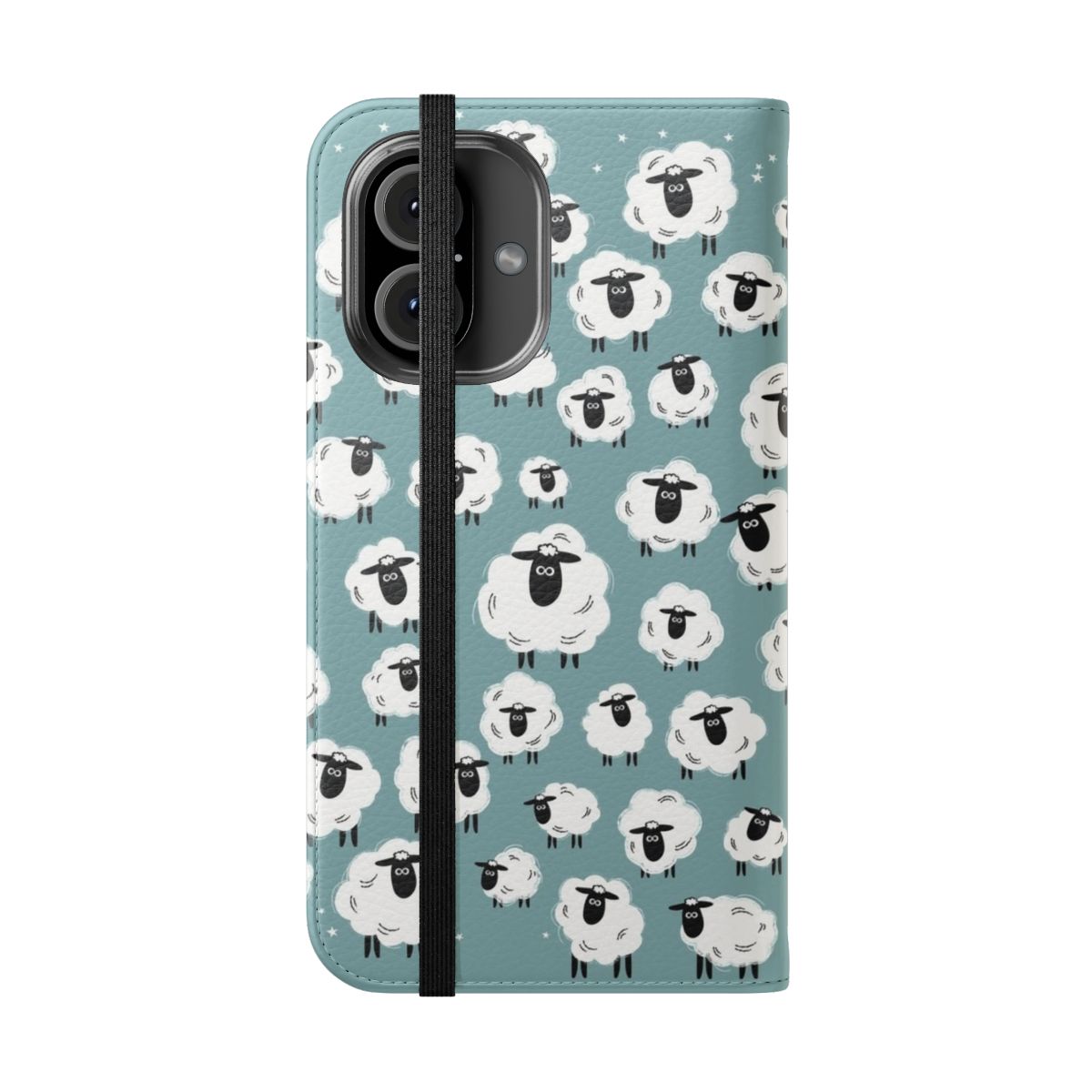 Sheep Flip Cover Phone Case with Flock of Sheep and Counting Sheep Illustration - Folded Front