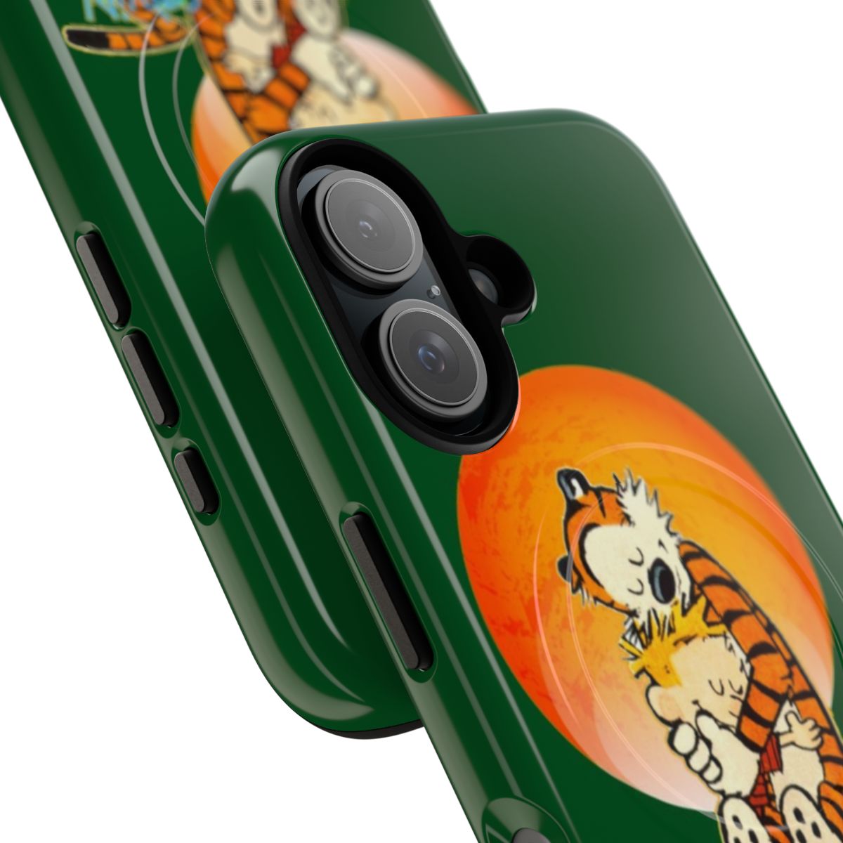 Colorful retro-style phone case featuring Calvin and Hobbes characters - Detail