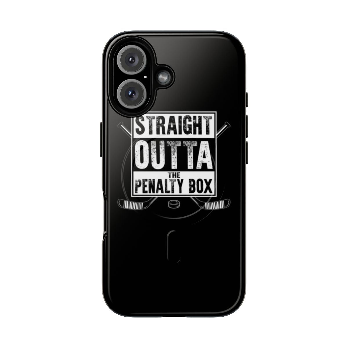 Magnetic tough phone case with an ice hockey design featuring the text "straight outta the penalty box"