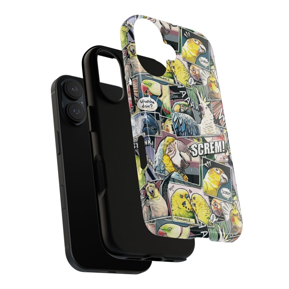 Colorful comic-style illustration of a parrot on a durable phone case - Layers