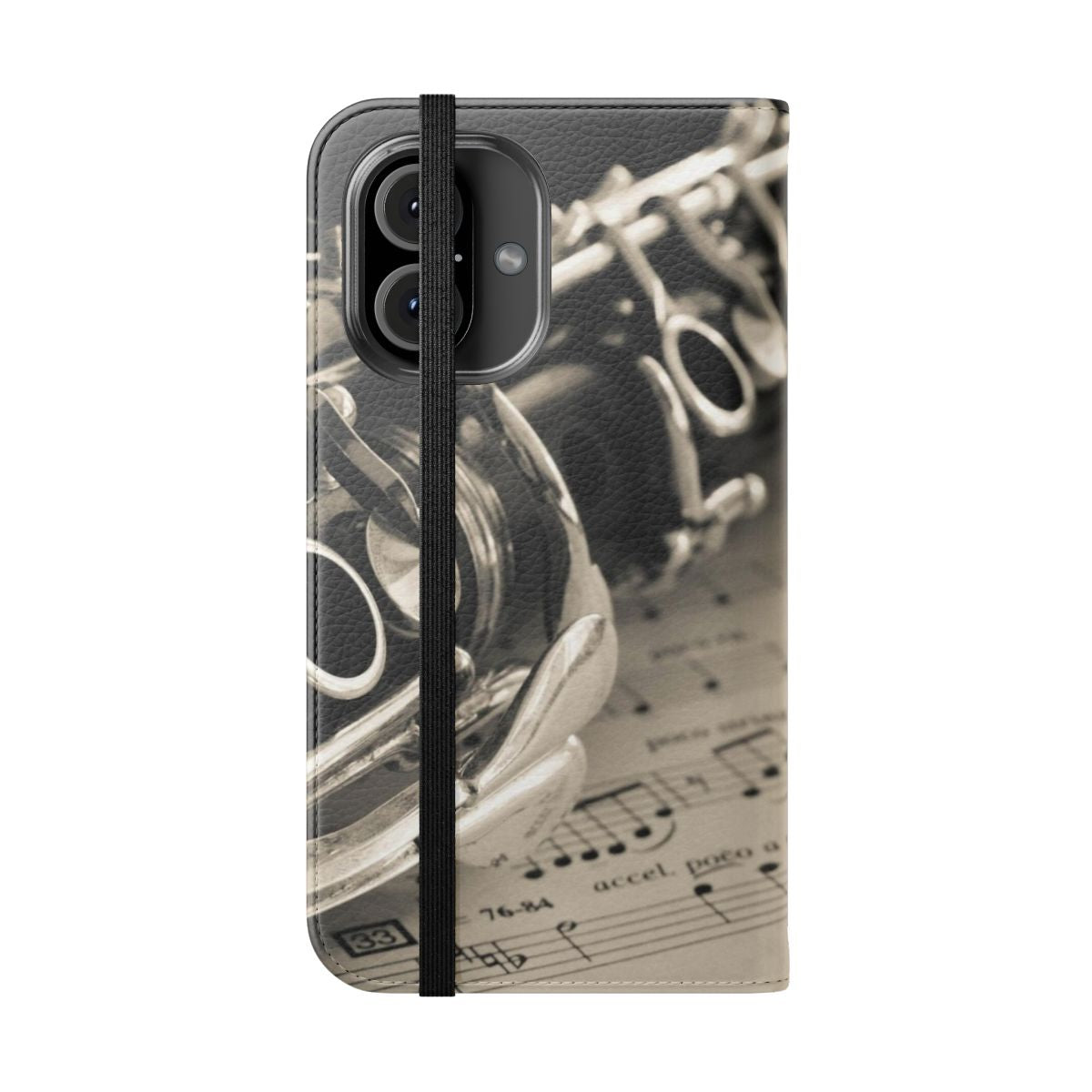 Cream-colored flip cover phone case featuring a monochrome clarinet image for music lovers - Folded Front