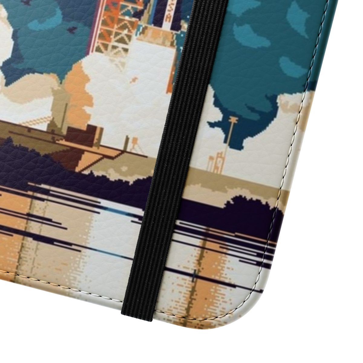 Pixel art phone case featuring an illustration of the Apollo 11 launch and spacecraft - Close Up