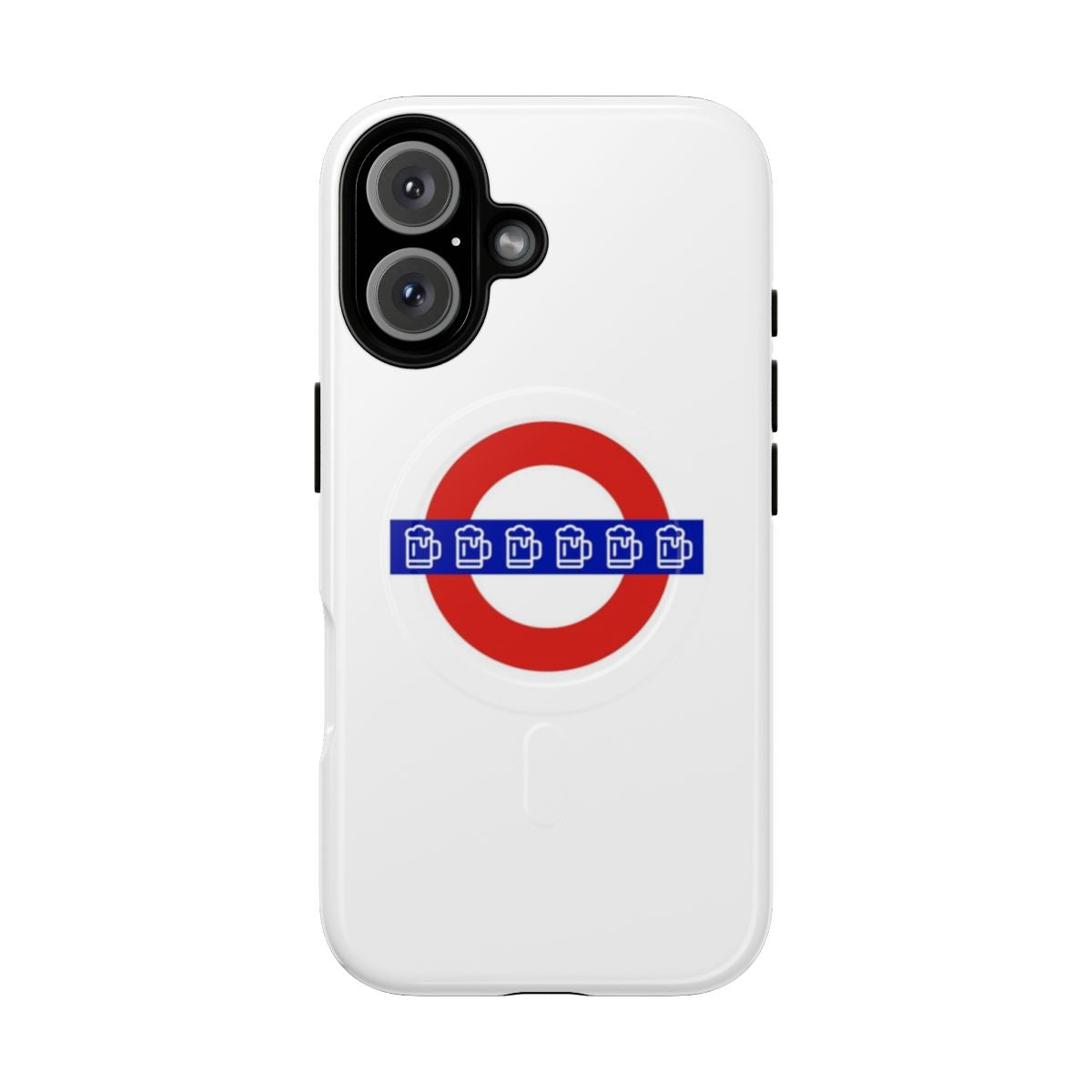 Magnetic tough phone case featuring a London tube station sign design with a beer pint graphic.