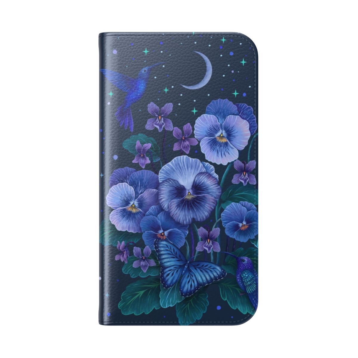 Violet flower February birth flower phone case with hummingbird and moon design - Folded Back