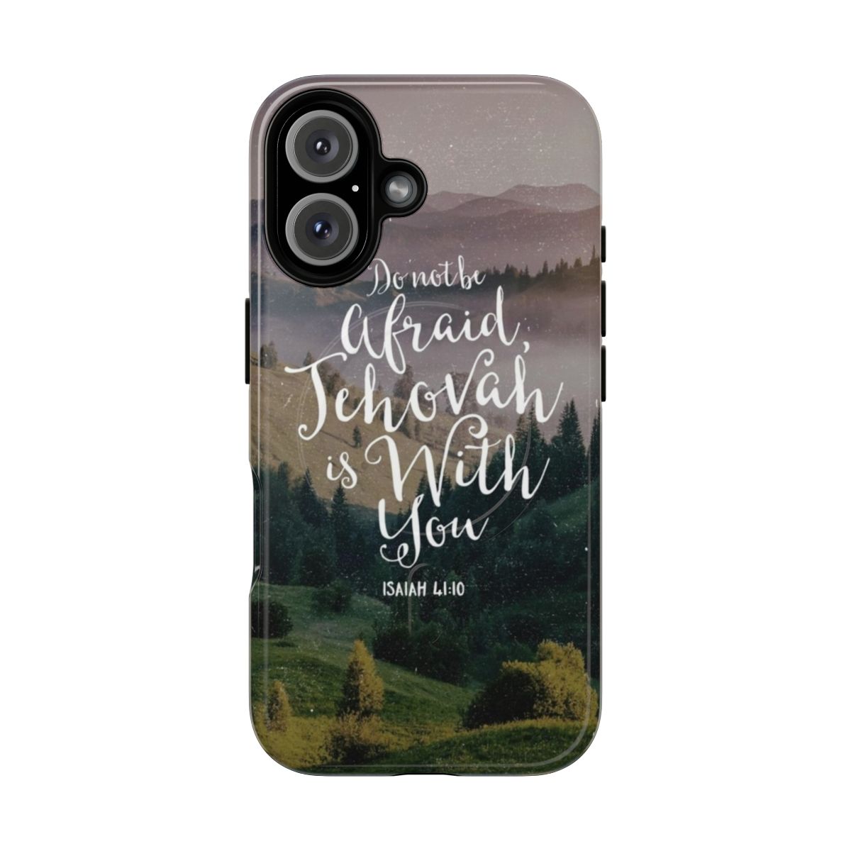 Retro-style phone case featuring the Bible verse "Do Not Be Afraid, Jehovah Is With You" from Isaiah 41:10.