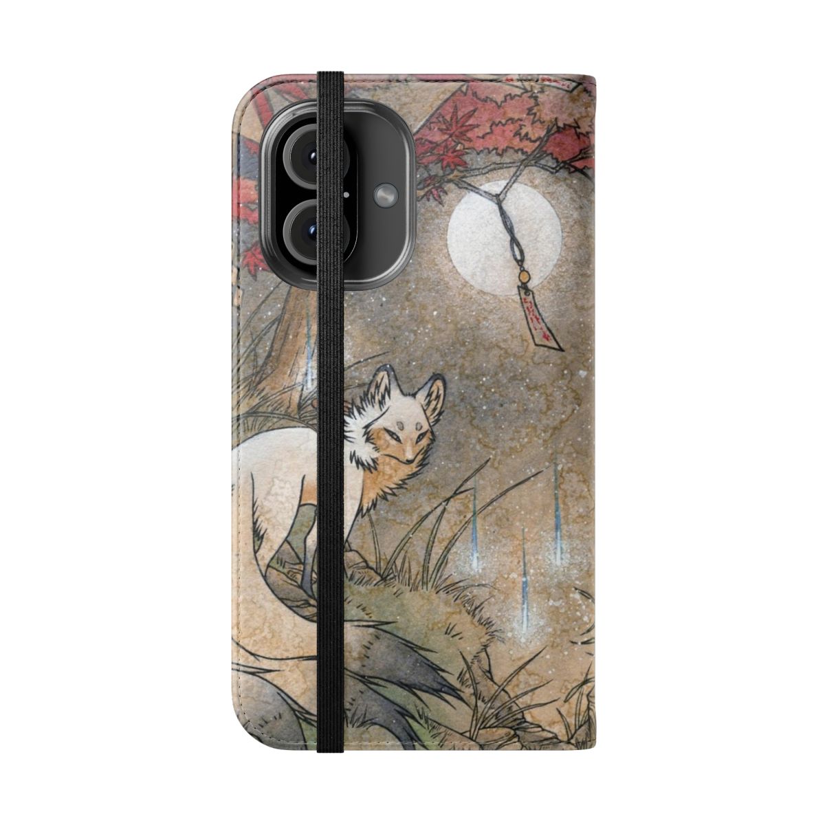 Watercolor illustration of a tea fox spirit under a full moon and maple leaves on a flip cover phone case - Folded Front