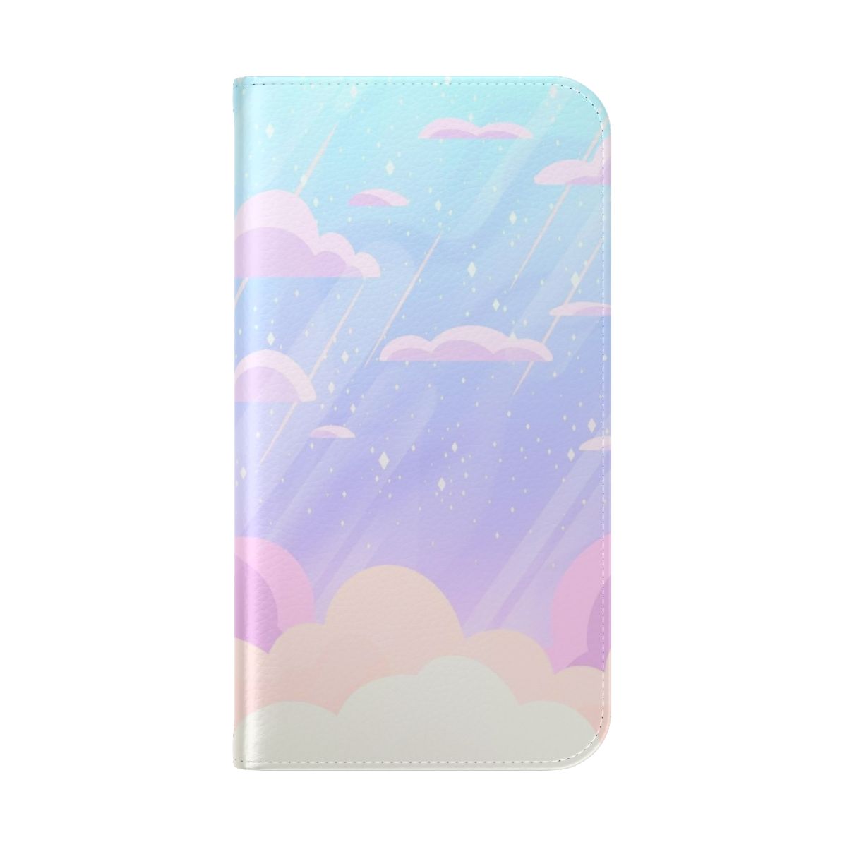 Pastel-colored phone case with a design featuring clouds, stars, and shooting stars in a dreamy, aesthetic style. - Folded Back