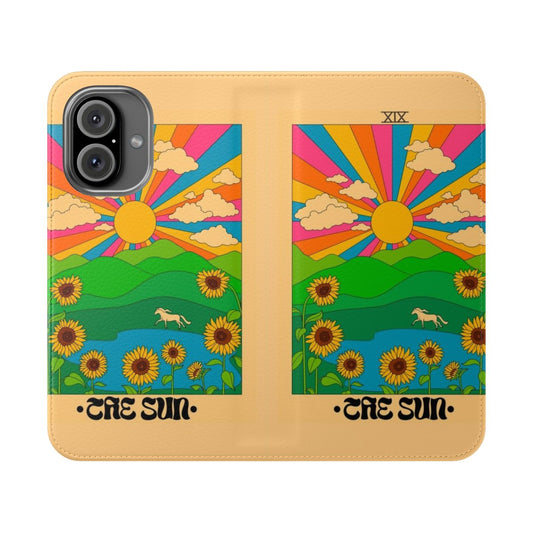 Colorful tarot-inspired flip cover phone case with sun, the fool, and other mystical symbols