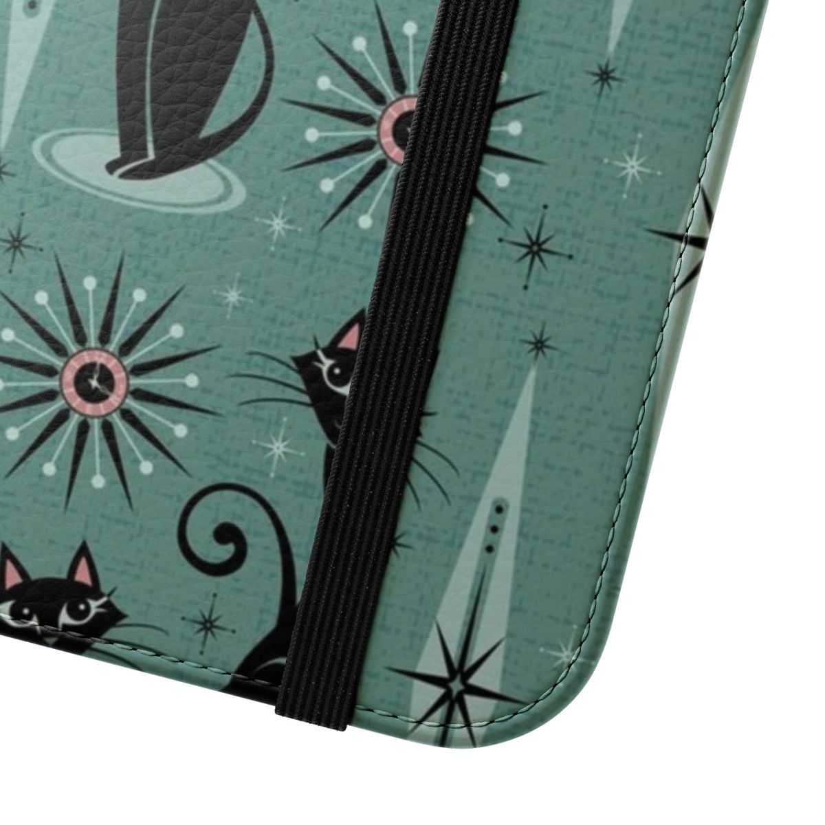 Flip phone case featuring a mid-century style design with cats, starbursts, and diamond patterns - Close Up