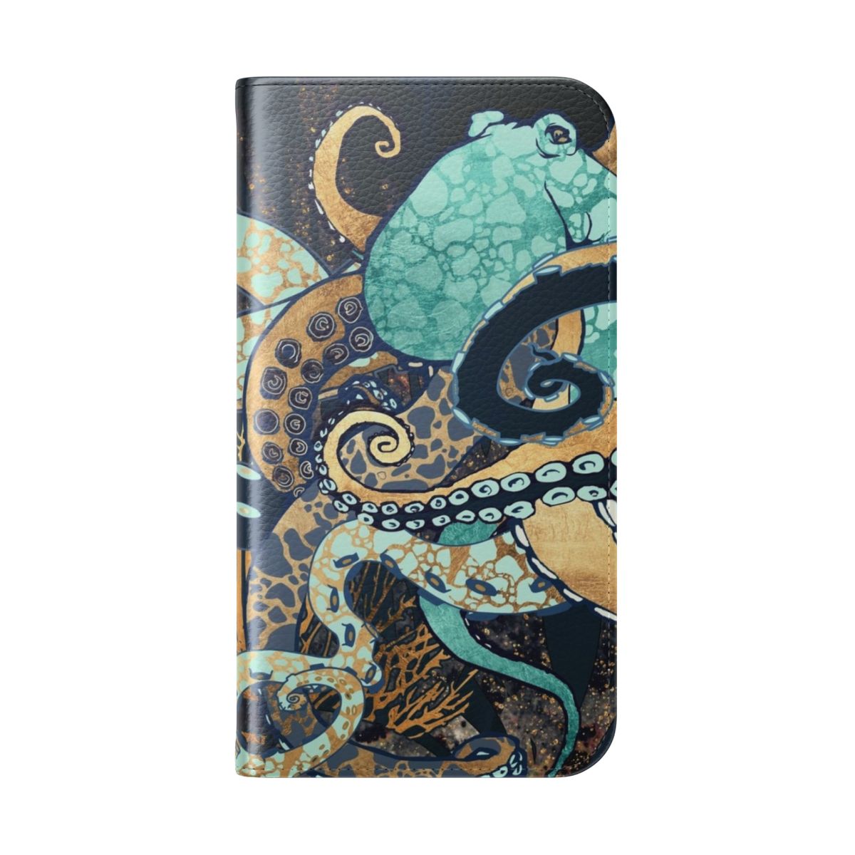 Metallic octopus-themed flip cover phone case with intricate tentacle design - Folded Back