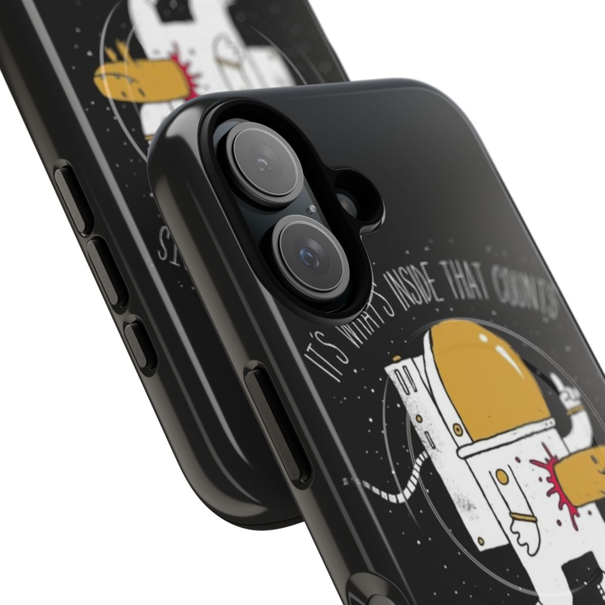 A space-themed phone case with a "Space Sucks" typography design and illustrations of astronauts, aliens, and cosmic elements. - Detail