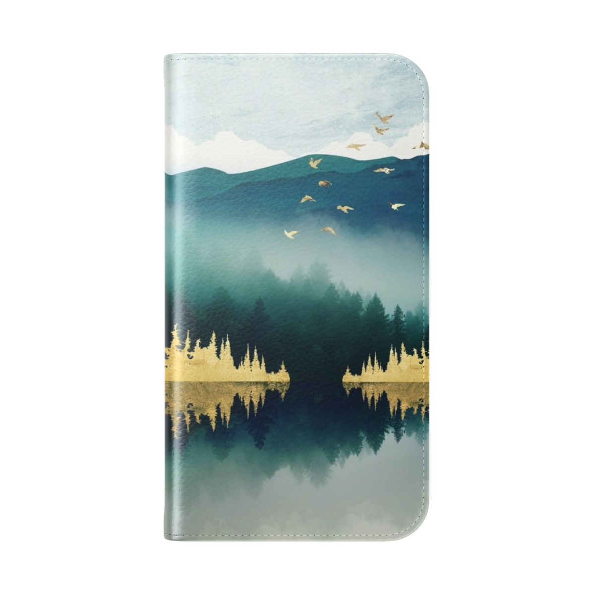 Closeup of a mist reflection phone case with a serene landscape design. - Folded Back