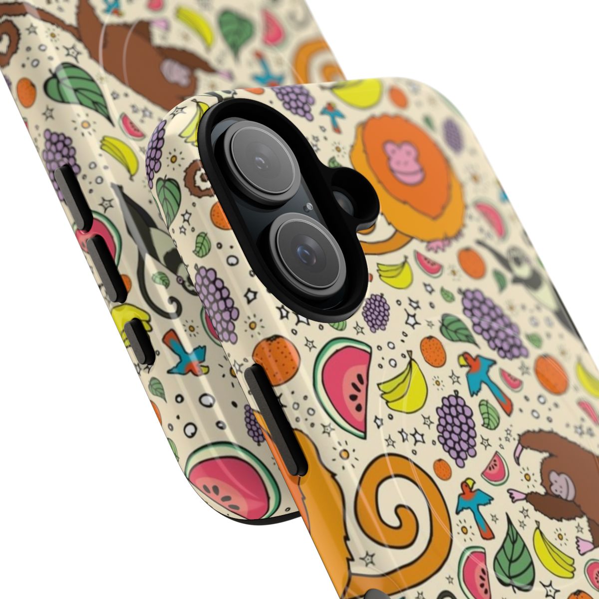 Magnetic tough phone case featuring a colorful monkey and jungle pattern design - Detail