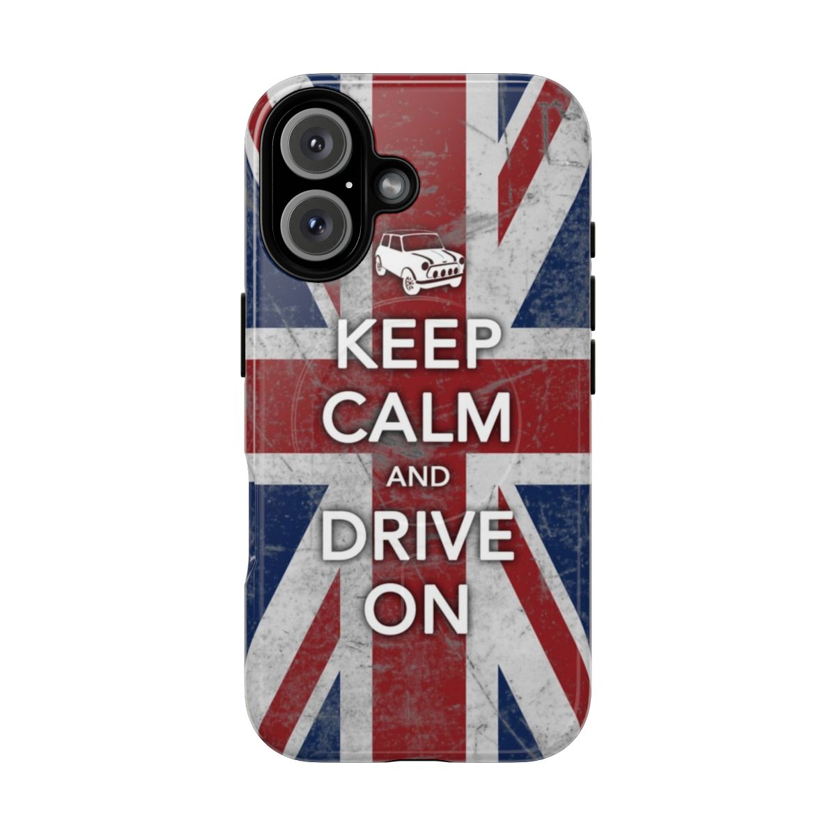 Magnetic tough phone case with mini cooper, British flag, and war-time design elements