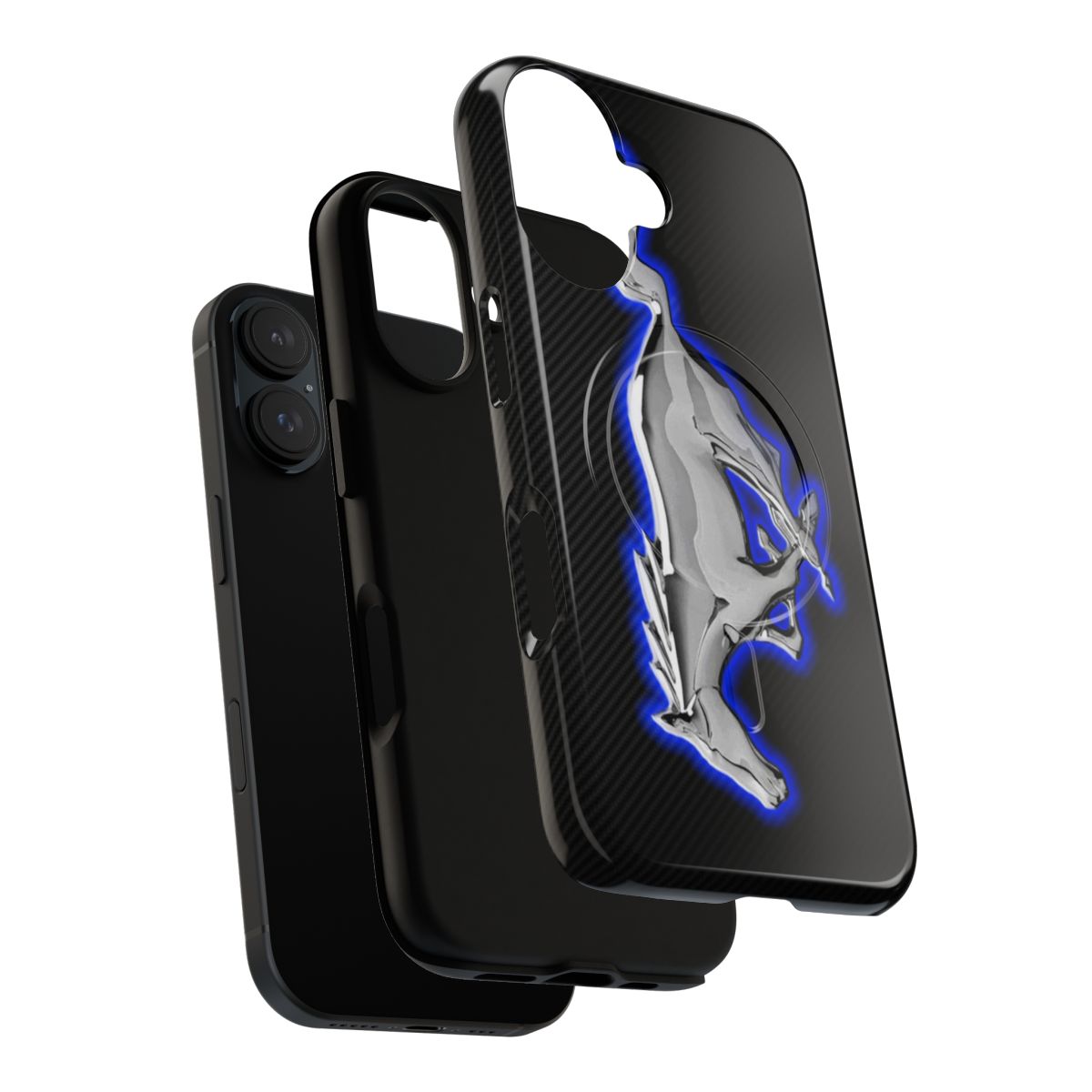 A black and blue Ford Mustang-inspired phone case with a chrome accent and magnetic closure for added protection. - Layers