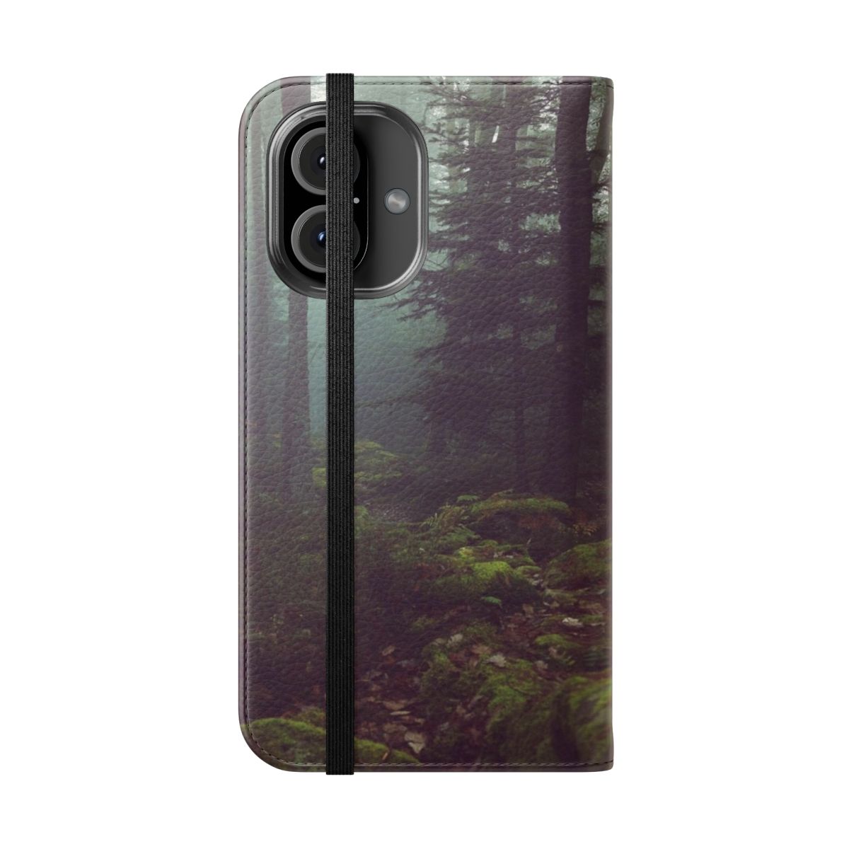 A beautiful flip cover phone case featuring a serene forest night landscape. - Folded Front