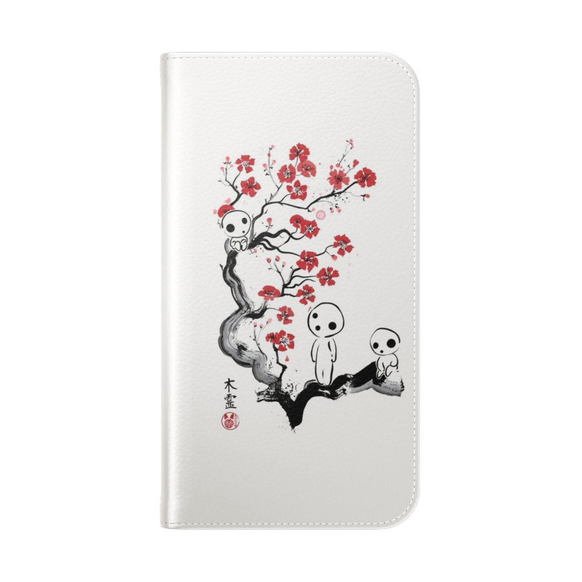 A protective flip cover phone case featuring whimsical forest spirits from Japanese anime. - Folded Back