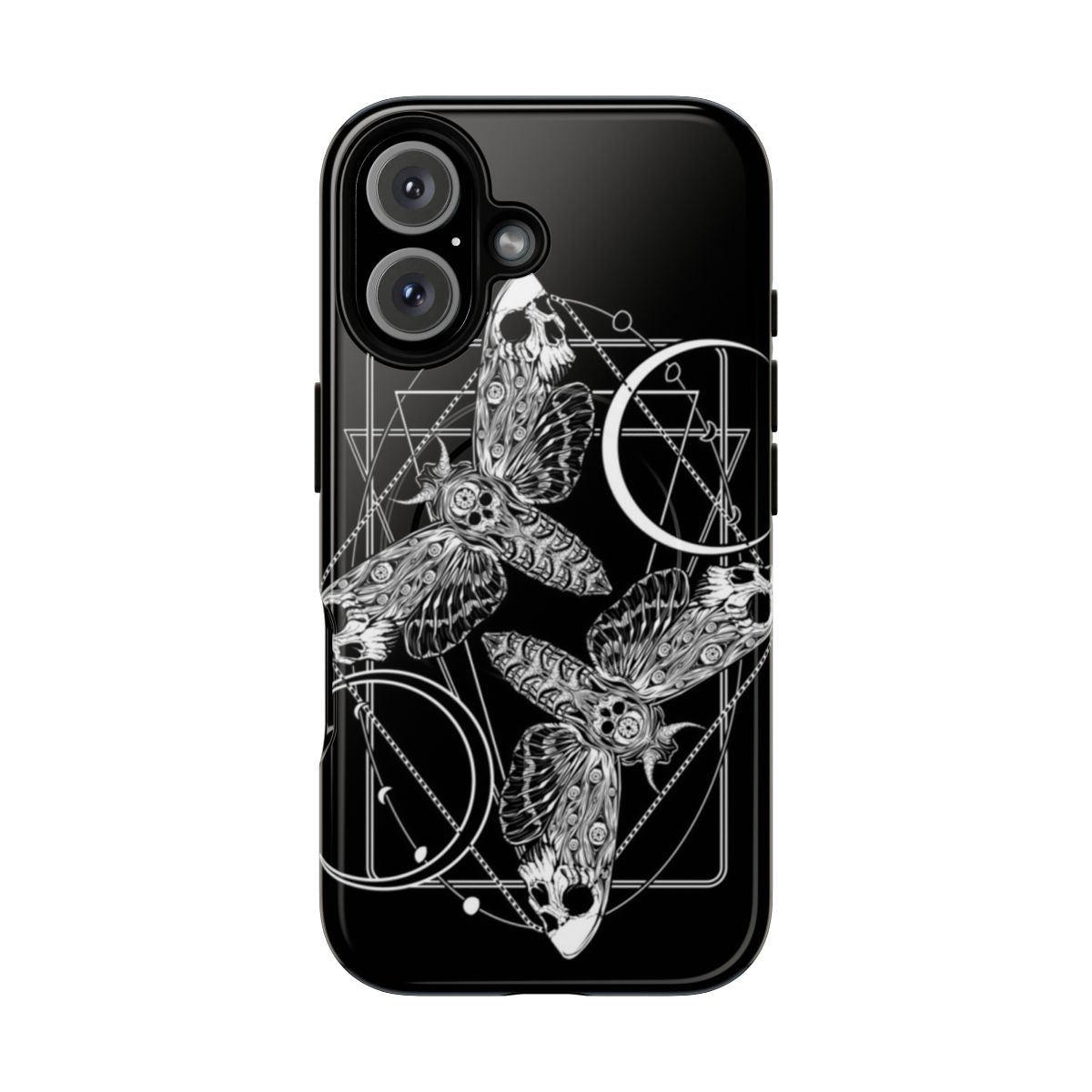 A dark and gothic phone case design featuring a dance of death moths against a backdrop of skulls and moon phases.